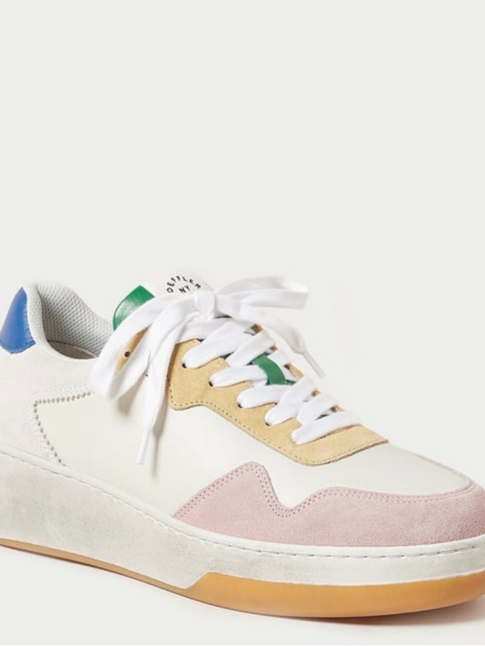 Loeffler Randall Kiera White Sneaker with Pink, Tan, Blue & Green Accents